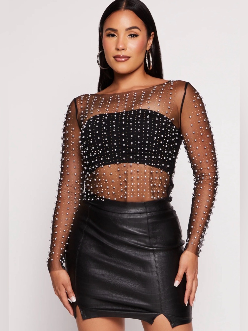 Haute Monde Faux Pearl & Rhinestone Mesh Long Sleeve Black Shirt Womens Sm